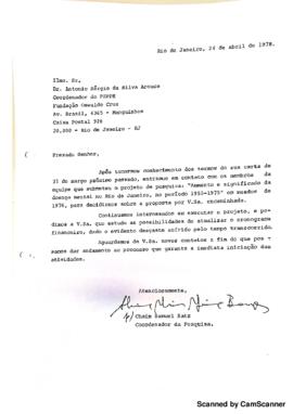 Carta de Chaim Samuel Katz para Antonio Sérgio da Silva Arouca sobre avaliação do projeto Aumento...