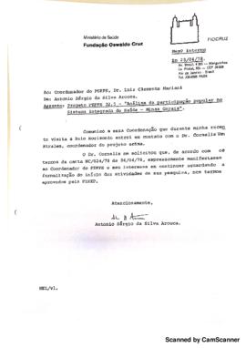 Memorando de Antonio Sérgio da Silva Arouca para Luiz Clemente Mariani sobre o andamento do proje...