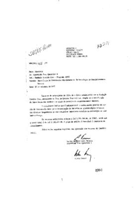 Carta de Carlos Antonio Lopes Pereira (supervisor da área operativa B da Finep) avisando sobre  a...
